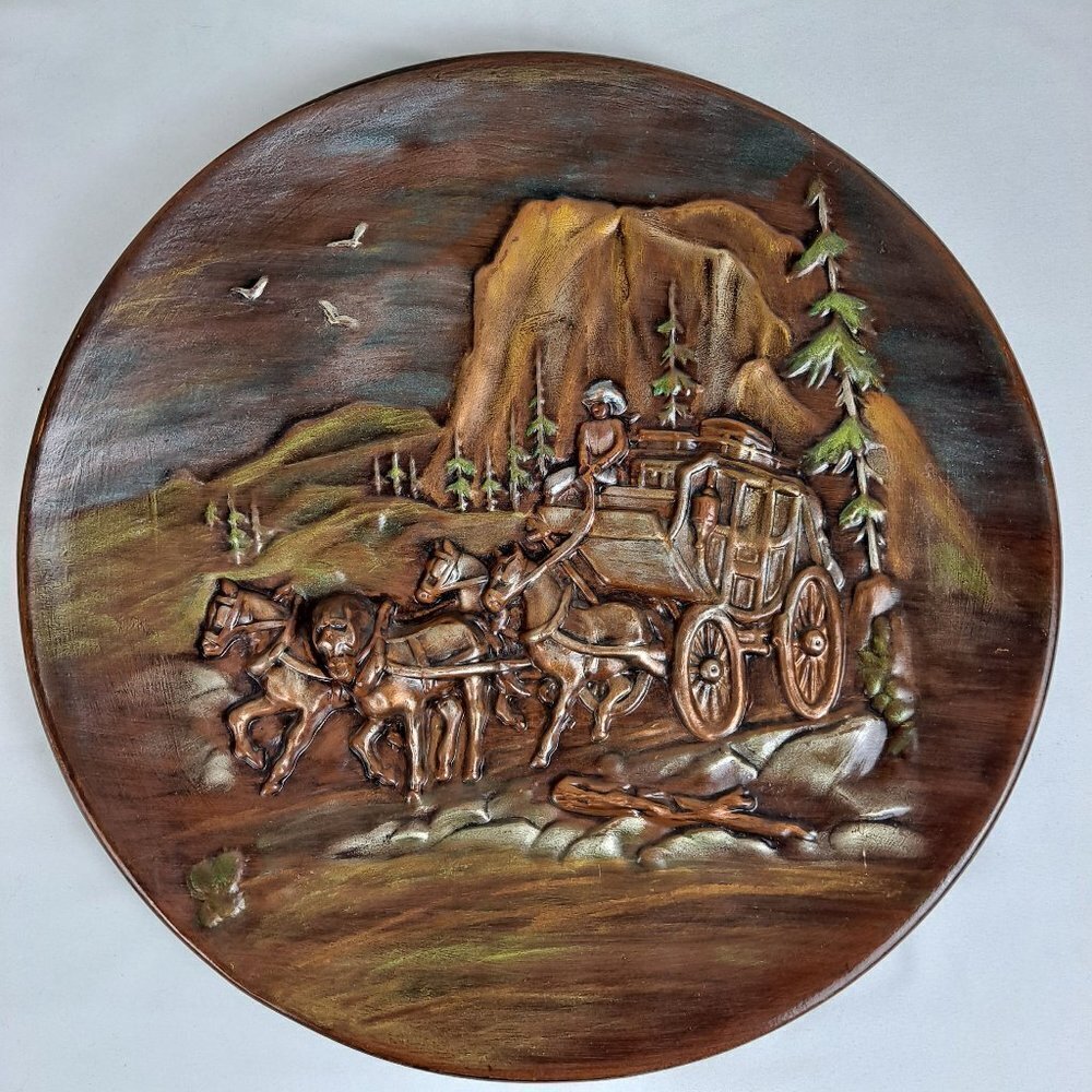 Vintage 1976 Handmade Plate Western Stagecoach Wagon with Horses Artist Signed